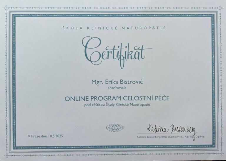 Certifikát Erika Bistrovic - Celostni pece